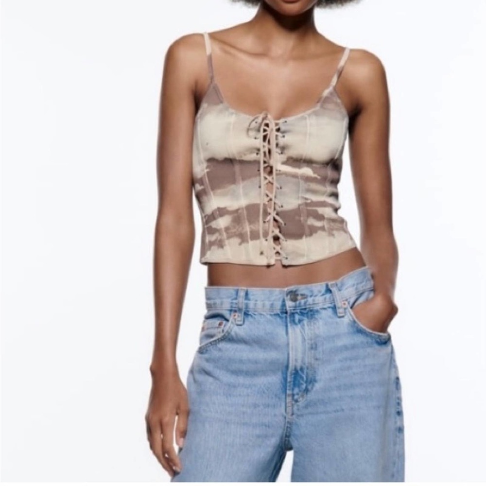 Zara Beige and Brown Lace-Up Cropped Tank Top